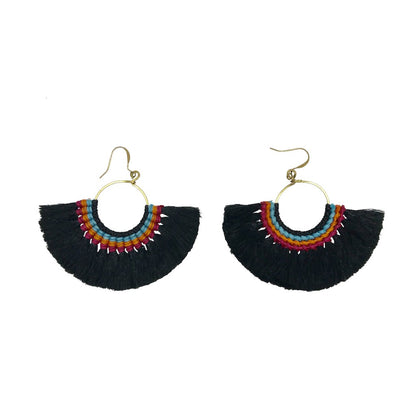 Tassel Fan Earrings Boho Cotton Tassel Lightweight 3in Drop Brass Handmade