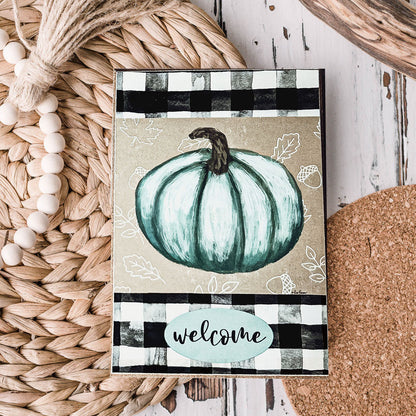 Teal Pumpkin Welcome Sign 6x4x1 Handmade Wood Halloween Gingham Accent