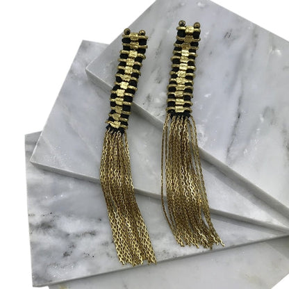 Temple Tassel Earrings Boho Indian Statement Cotton Thread Zinc Alloy 4.5in
