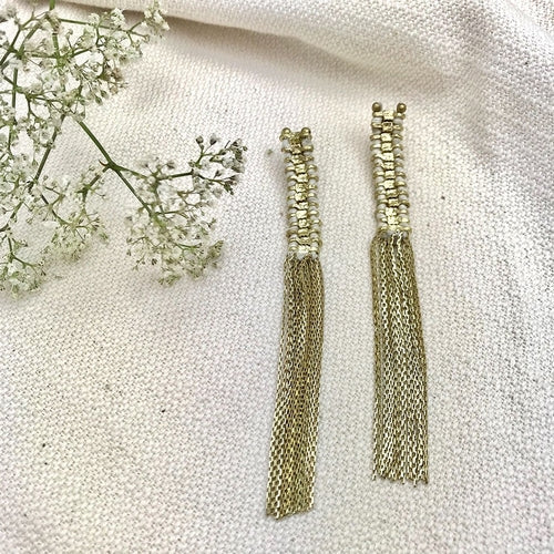 Temple Tassel Earrings Boho Indian Statement Cotton Thread Zinc Alloy 4.5in
