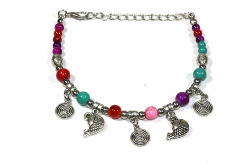Turquoise Beaded Fish Charm Bracelet With Spiral Charms