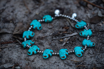Turquoise Elephant Boho Anklet Silver Beaded Foot Jewelry