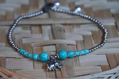 Turquoise Elephant Boho Silver Anklet Beach Jewelry