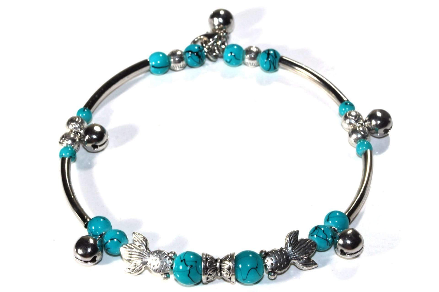 Turquoise Fish Charm Beaded Bracelet Adjustable Boho