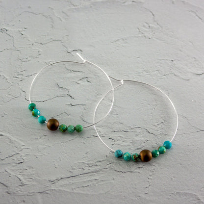 Turquoise Hematite Sterling Silver Boho Hoop Earrings
