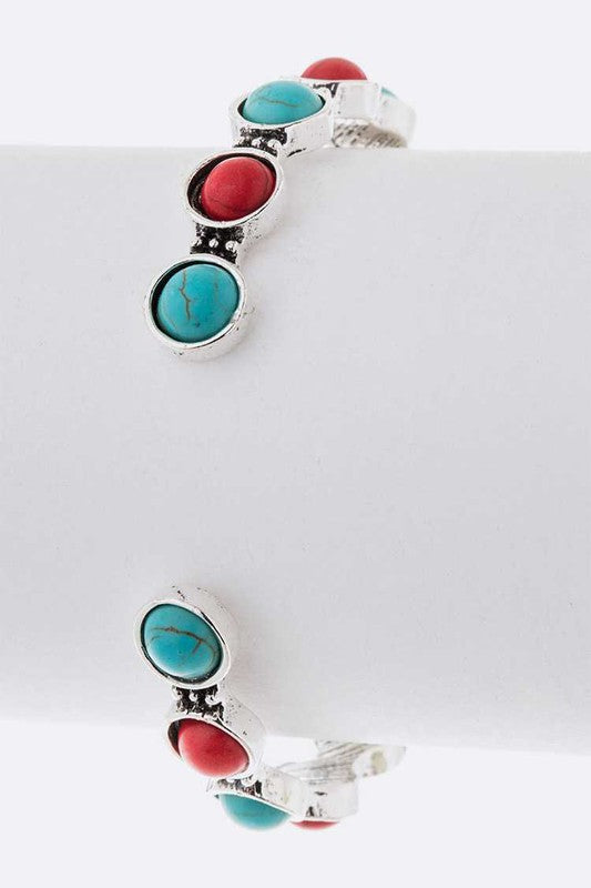 Turquoise Red Stone Pave Adjustable Cuff Silver Bracelet
