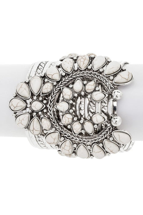 Turquoise Squash Blossom Stone Cuff Silver Bracelet