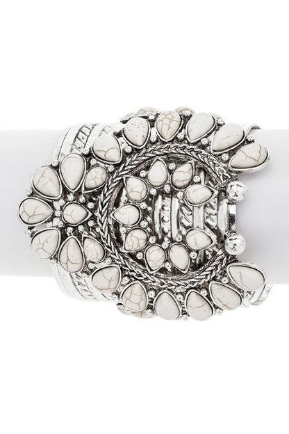 Turquoise Squash Blossom Stone Cuff Silver Bracelet