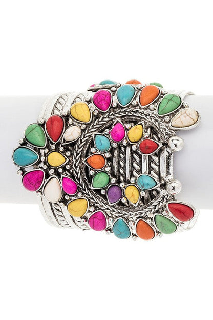 Turquoise Squash Blossom Stone Cuff Silver Bracelet