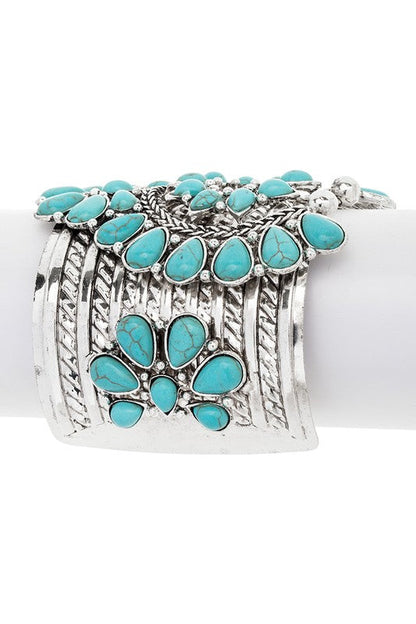 Turquoise Squash Blossom Stone Cuff Silver Bracelet