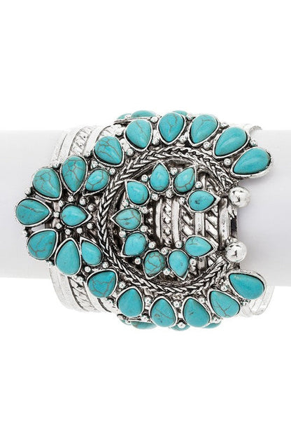 Turquoise Squash Blossom Stone Cuff Silver Bracelet