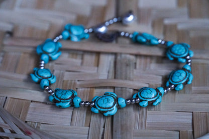 Turquoise Turtle Boho Silver Anklet Beachy Adjustable