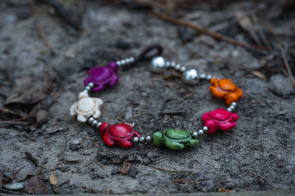 Turquoise Turtle Bracelet With Silver Beads Boho Adjustable