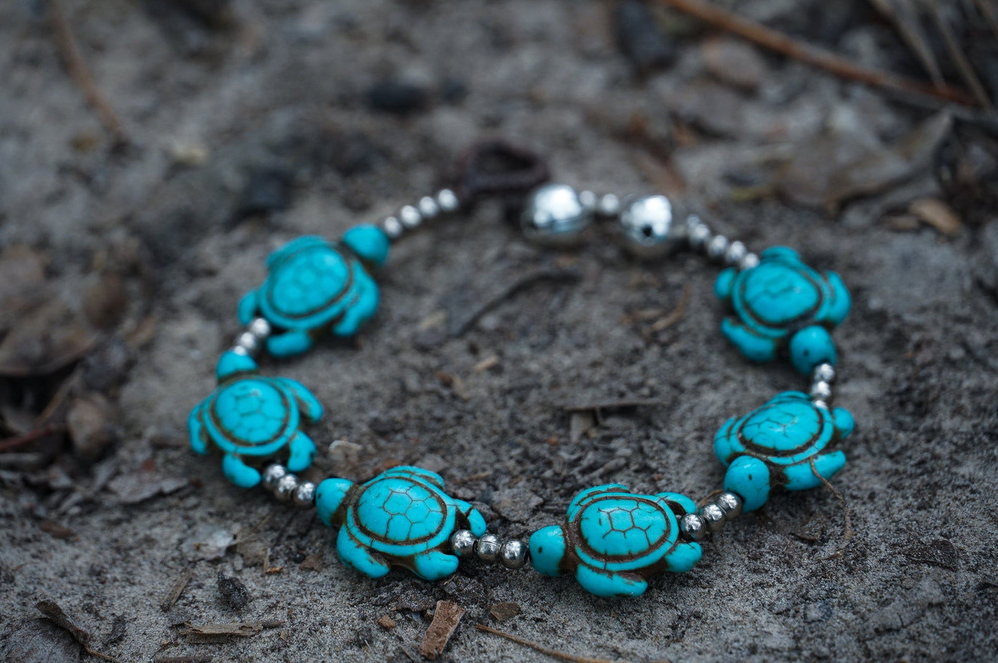 Turquoise Turtle Bracelet With Silver Beads Boho Adjustable
