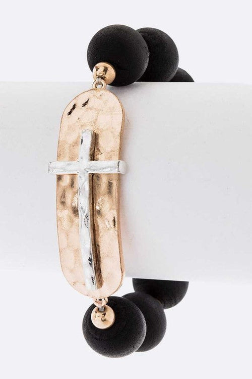Two Tone Cross Charm Stretch Bracelet For Women Adjustable