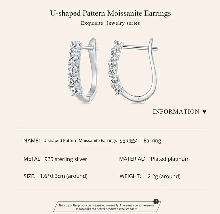 1.0CT Moissanite U-Shaped 925 Sterling Silver Hoop Earrings For Women Gift