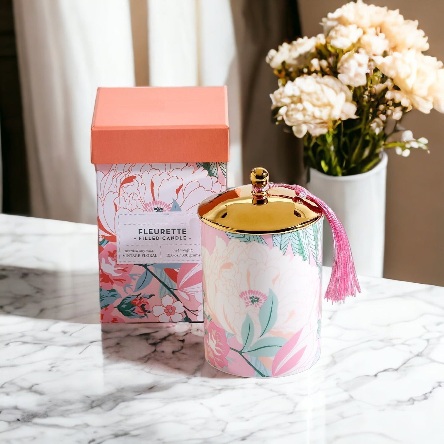 Vintage Floral Scented Soy Candle 10.6oz Porcelain Jar Gold Lid Gift Box