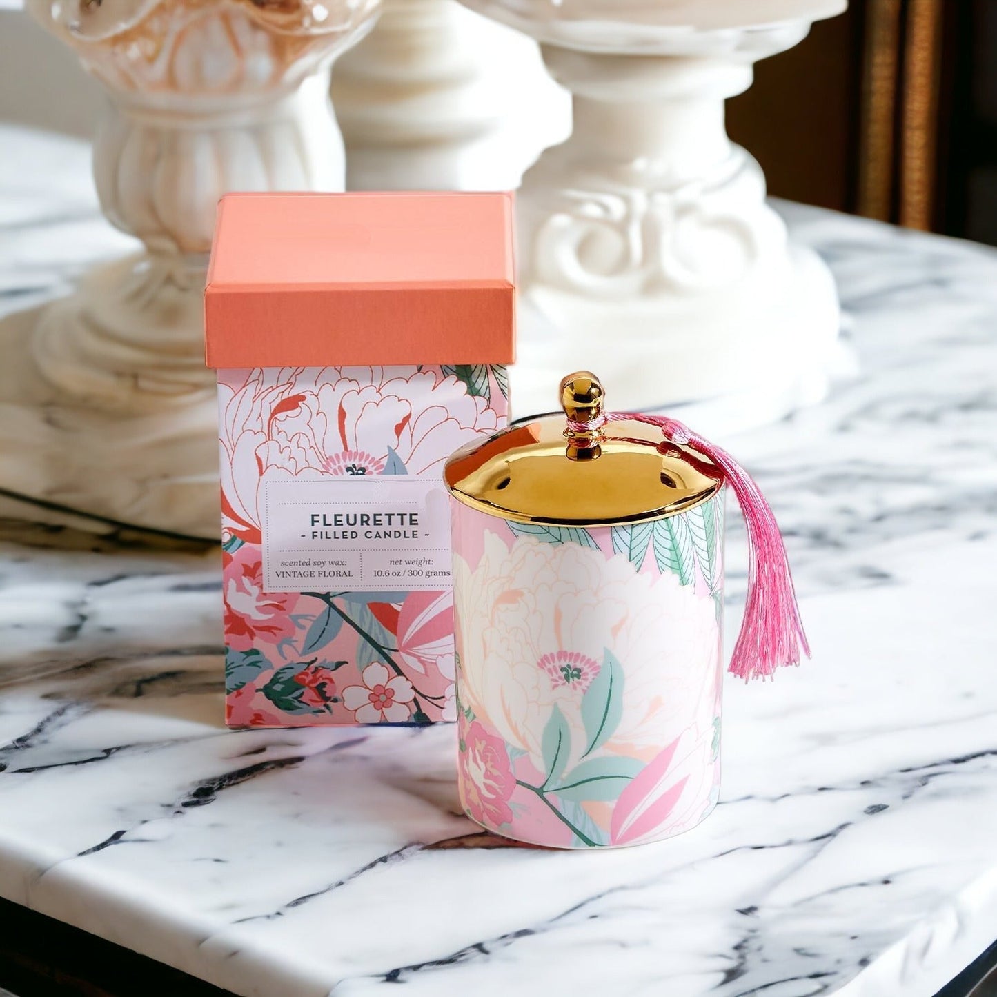 Vintage Floral Scented Soy Candle 10.6oz Porcelain Jar Gold Lid Gift Box