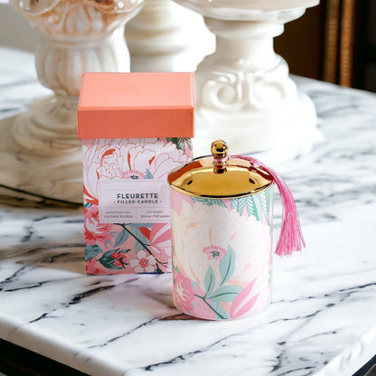 Vintage Floral Scented Soy Candle 10.6oz Porcelain Jar Gold Lid Gift Box