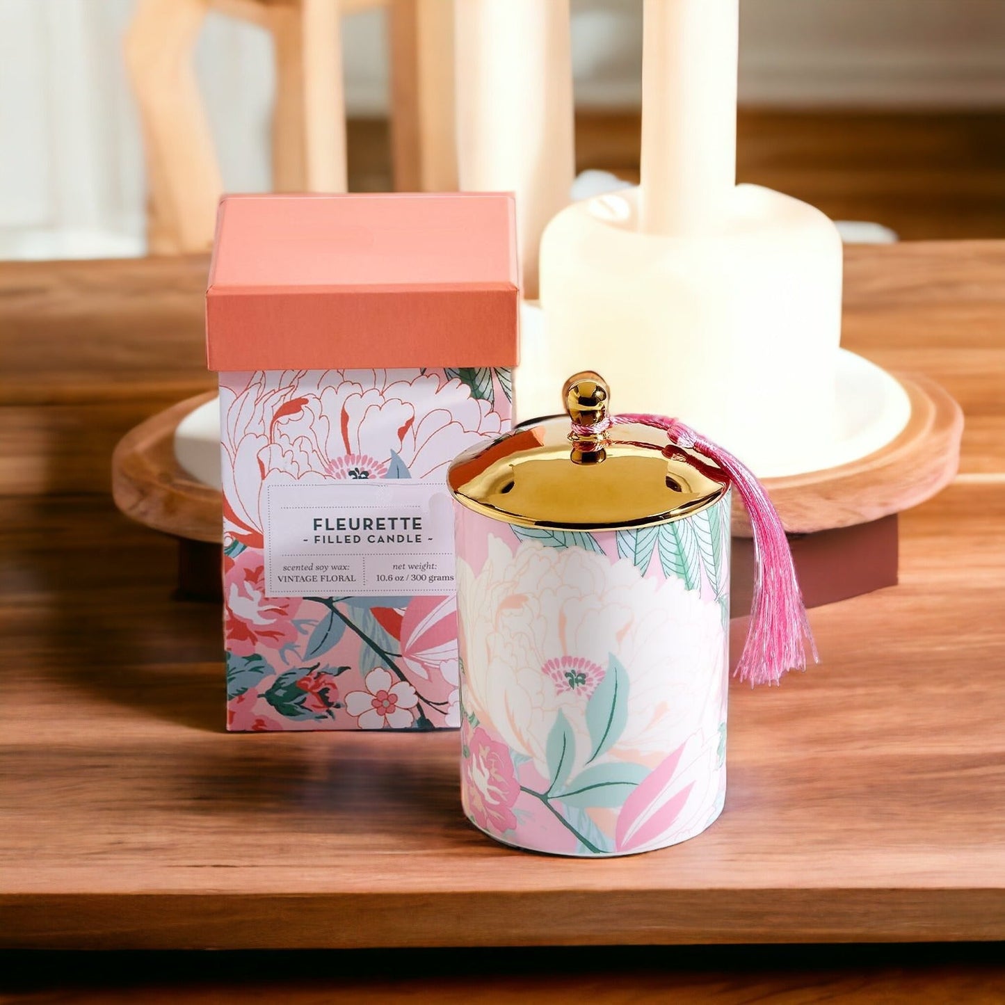 Vintage Floral Scented Soy Candle 10.6oz Porcelain Jar Gold Lid Gift Box