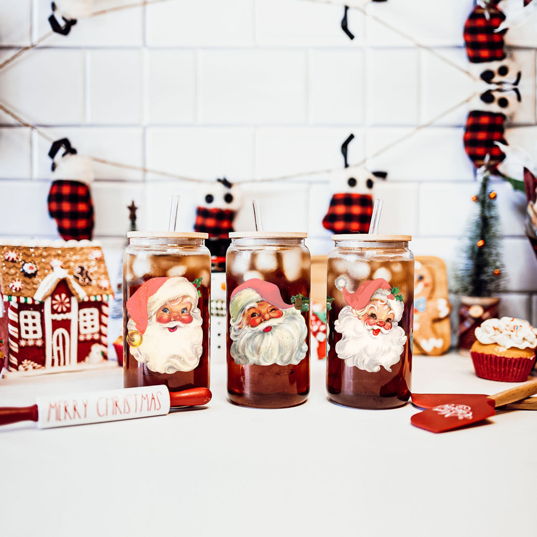 Vintage Santa Cheers 17oz Ceramic Holiday Mug - Retro Santa Heads Cocoa Cup