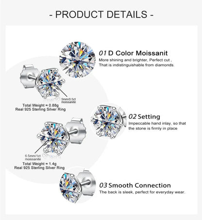 VVS D Color Russian Cut Moissanite Stud Earrings 1/2/4 CT S925 Sterling Silver