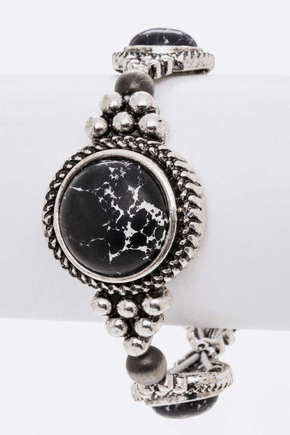 Western Black Howlite Stone Stretch Bracelet Silver