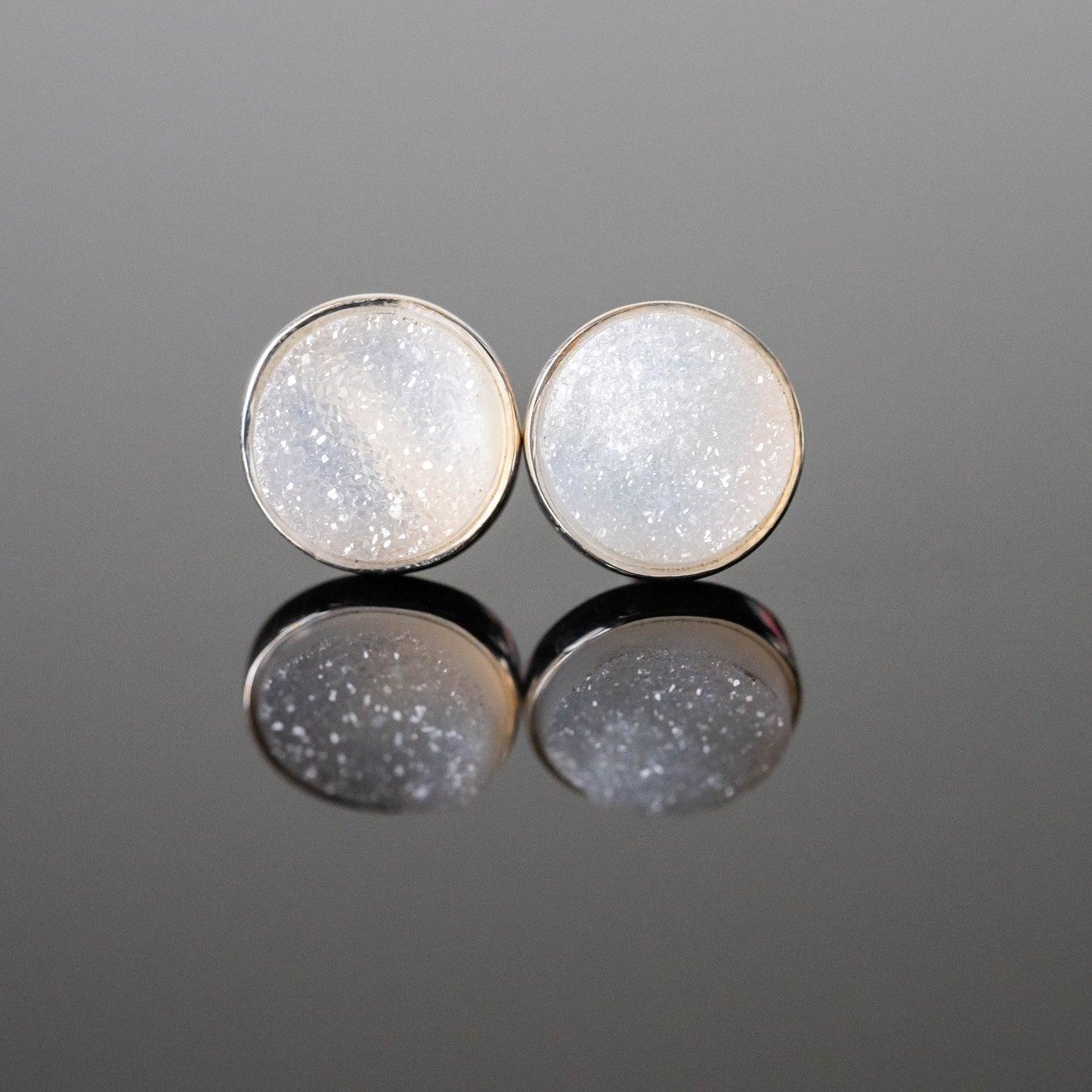 White Druzy Round Stud Earrings Sterling Silver Post