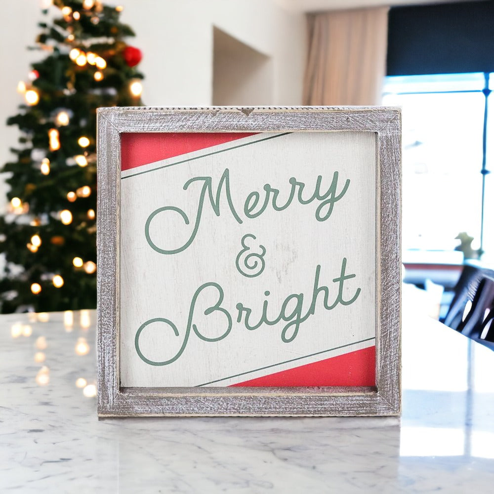 Merry And Bright 7 Inch Wood Christmas Wall Sign Red Green White Holiday Home Decor 7x7x1.5
