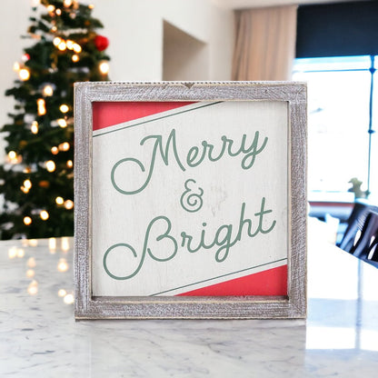Merry And Bright 7 Inch Wood Christmas Wall Sign Red Green White Holiday Home Decor 7x7x1.5