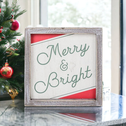 Merry And Bright 7 Inch Wood Christmas Wall Sign Red Green White Holiday Home Decor 7x7x1.5