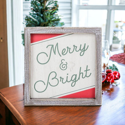 Merry And Bright 7 Inch Wood Christmas Wall Sign Red Green White Holiday Home Decor 7x7x1.5