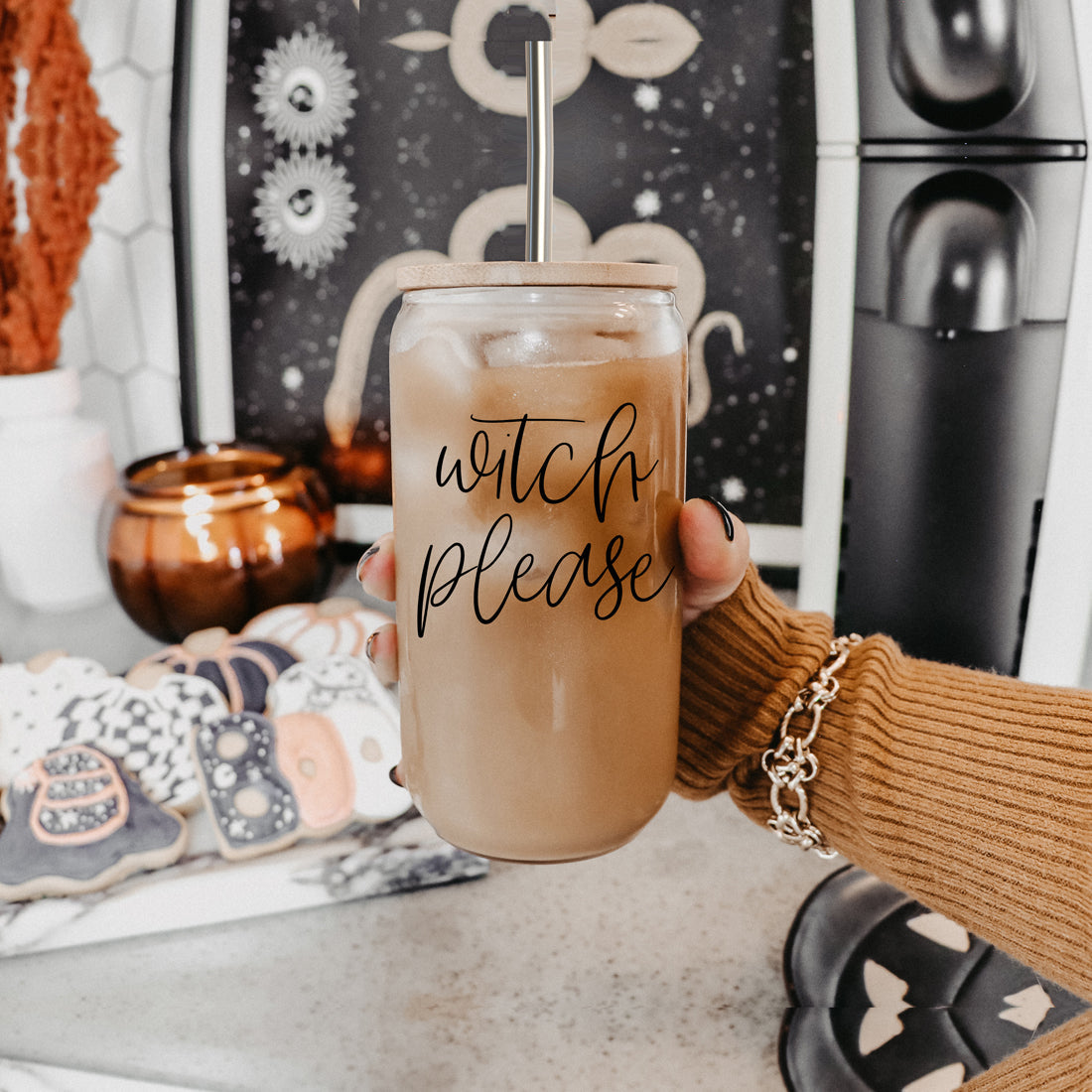 Witch Please 17oz Glass Tumbler With Bamboo Lid Stainless Straws And Cleaner