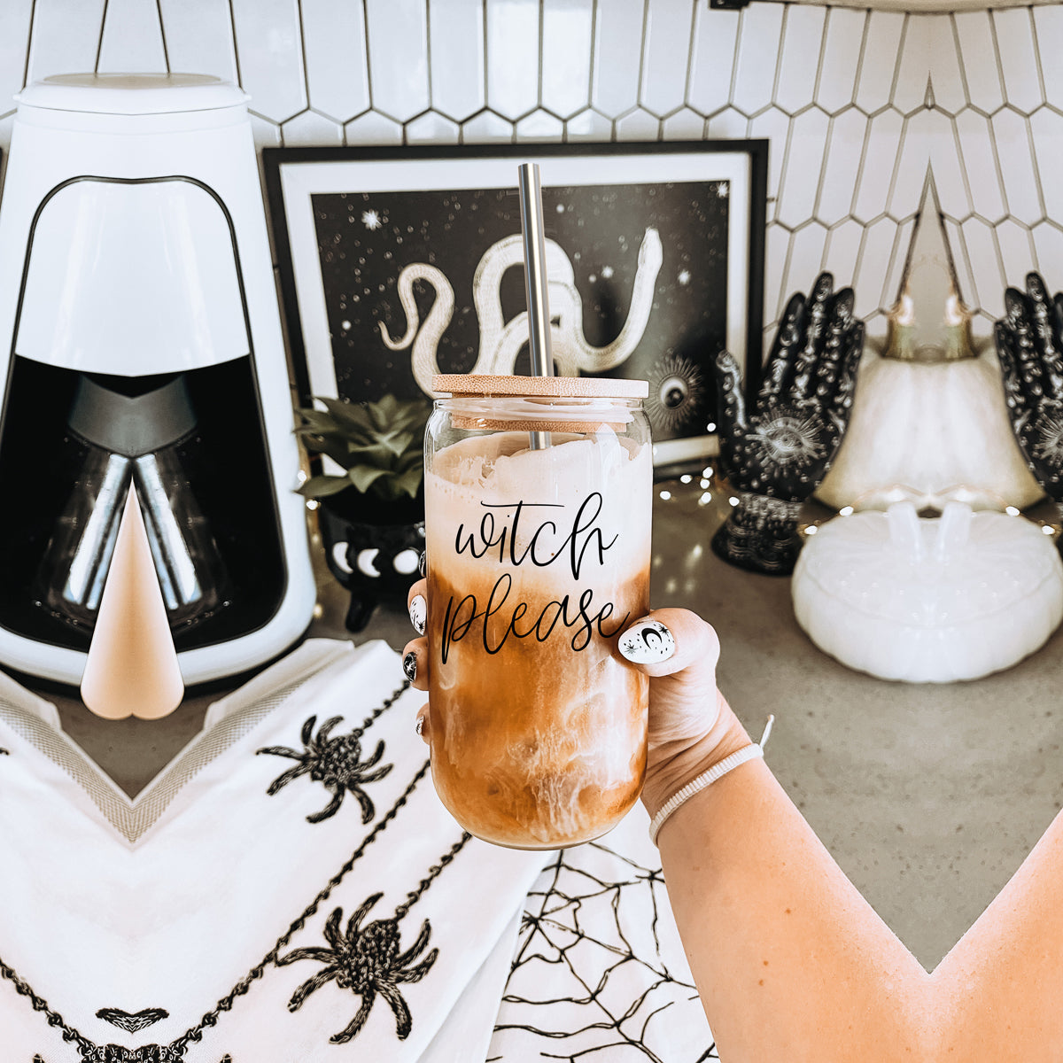 Witch Please 17oz Glass Tumbler With Bamboo Lid Stainless Straws And Cleaner