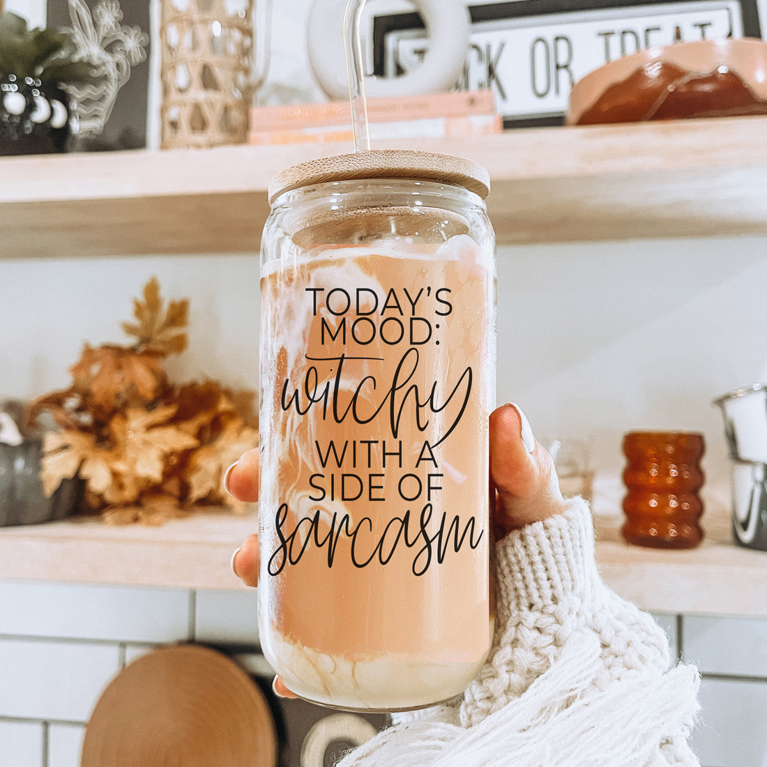 20oz Glass Tumbler Hocus Pocus Coffee Quote With Bamboo Lid Straws And Cleaner