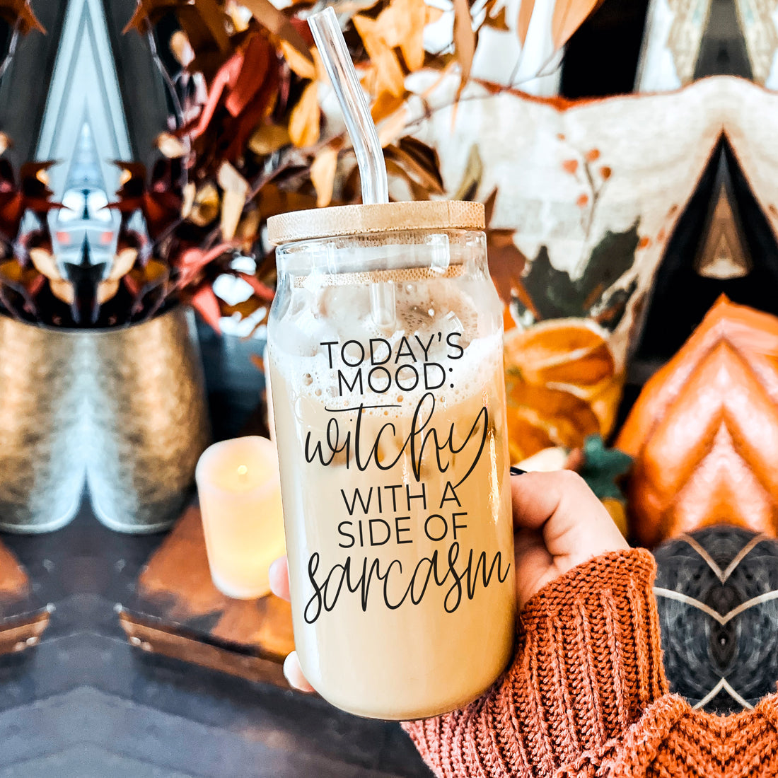 20oz Glass Tumbler Hocus Pocus Coffee Quote With Bamboo Lid Straws And Cleaner