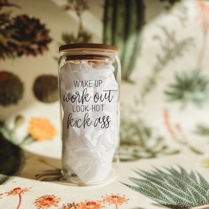 Wake Up Look Hot 17oz Glass Tumbler With Bamboo Lid - Motivational Coffee Cup