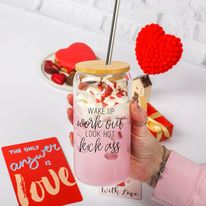 Wake Up Look Hot 17oz Glass Tumbler With Bamboo Lid - Motivational Coffee Cup