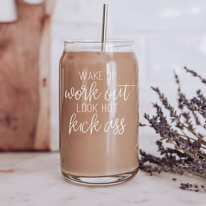 Wake Up Look Hot 17oz Glass Tumbler With Bamboo Lid - Motivational Coffee Cup