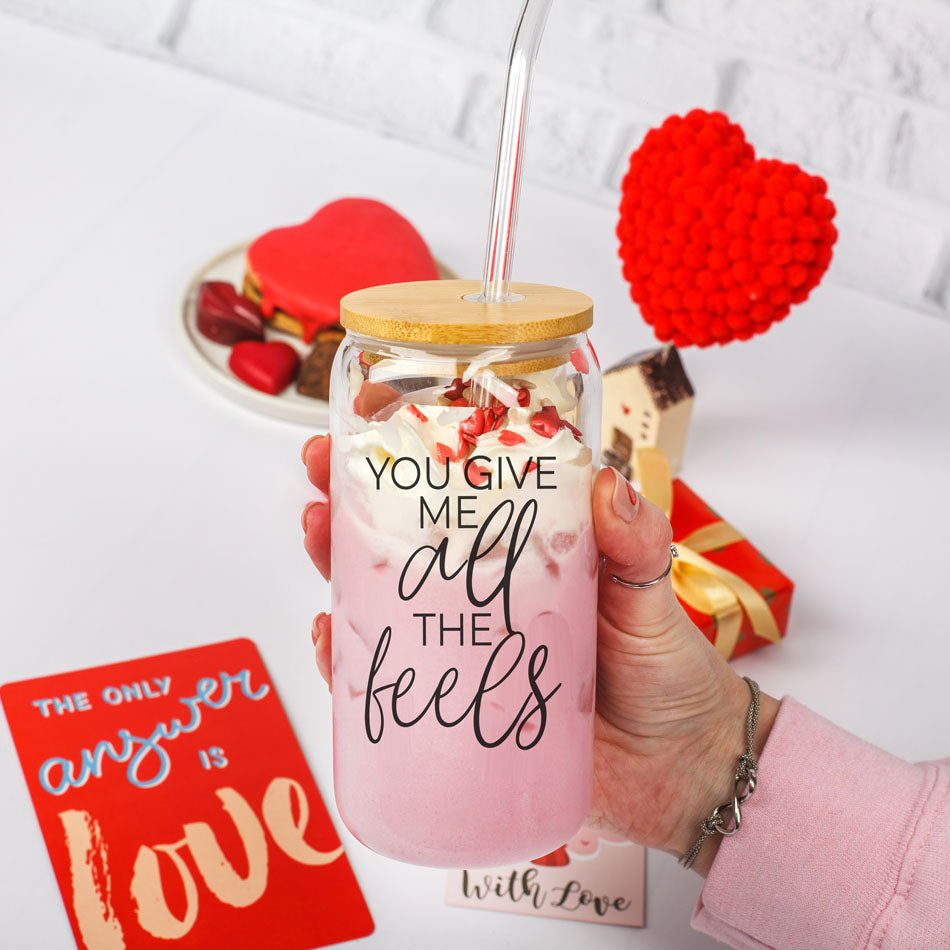You Give Me All The Feels 20oz Glass Cup With Bamboo Lid Cute Gift